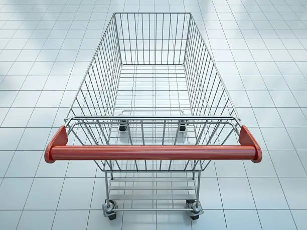 Empty shopping cart seen from shopper's perspective. 3D rendered illustration.