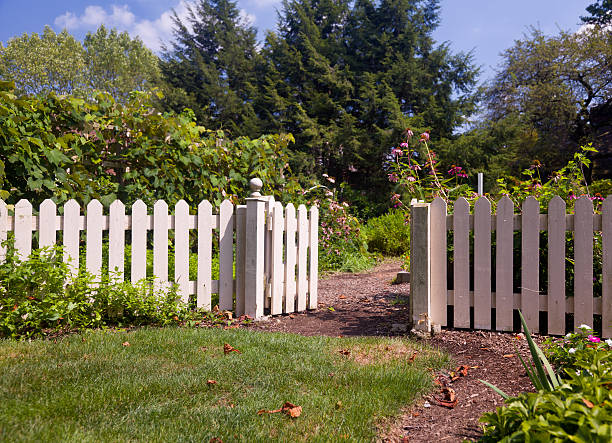 Metal fence against the sunset background. Fence and concrete ornate fence of a public park, behind the fence trees and sunset. Fencing the plot is not obligatory, but it easily defines its boundaries and increases the sense of security and privacy.