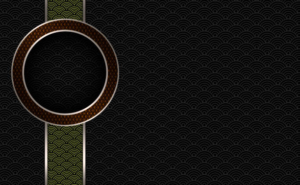 istock Round Gold Frame on Black Japanese Wave Background - Seigaiha - Asian background with copy space 1558696935
