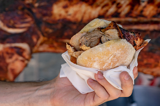famous traditional portugal pork sandwich called bifana to take away .