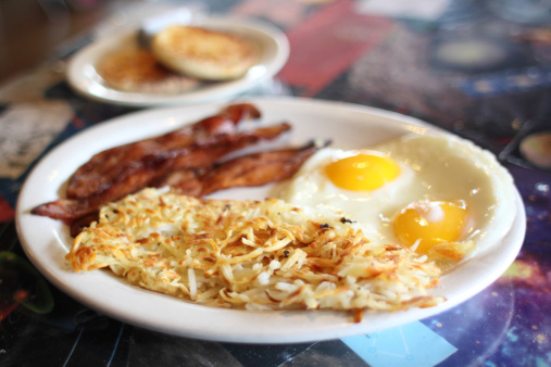 Breakfast of eggs, bacon, and hash brown at a diner.