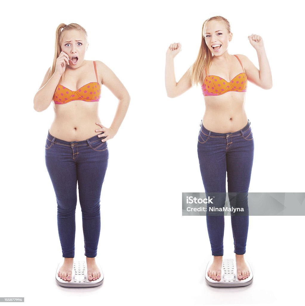 Before and after a diet girl on a bathroom scale Before and After Stock Photo