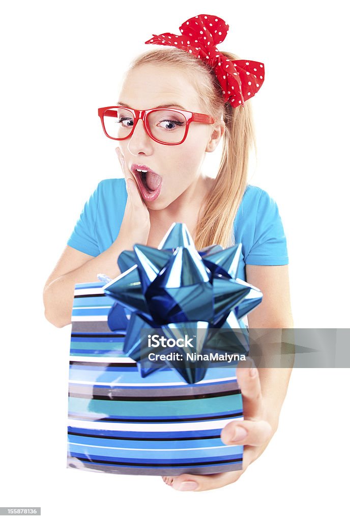 Funny girl excited by getting a present isolated on white Adult Stock Photo