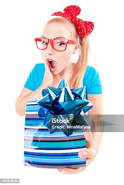 Funny Girl Excited By Getting A Present Stock Photo - Download Image Now - Adult, Adults Only, Awe