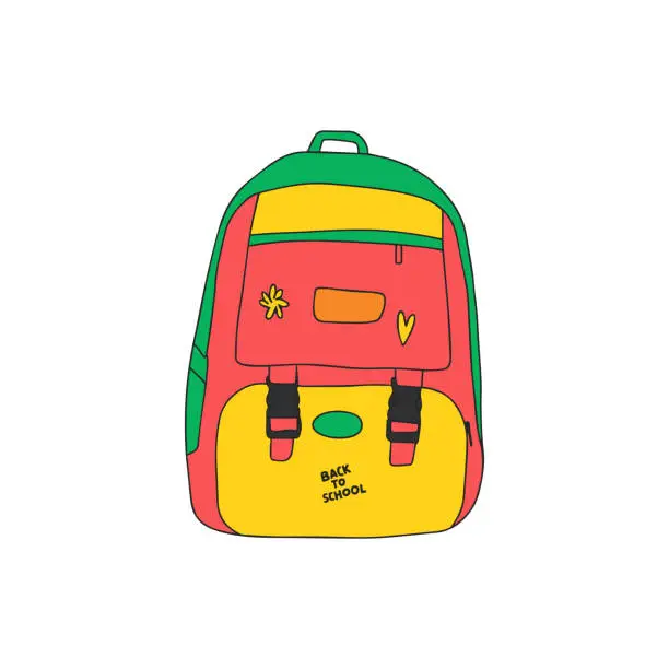 Vector illustration of Colorful school backpack. Hand drawn vector school bag isolated on white.