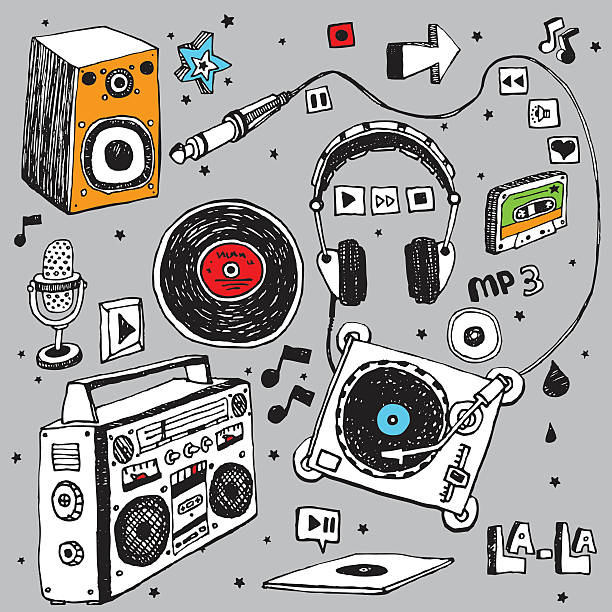 Music doodle set Multimedia and music hand-drawn icon collection. radio drawings stock illustrations