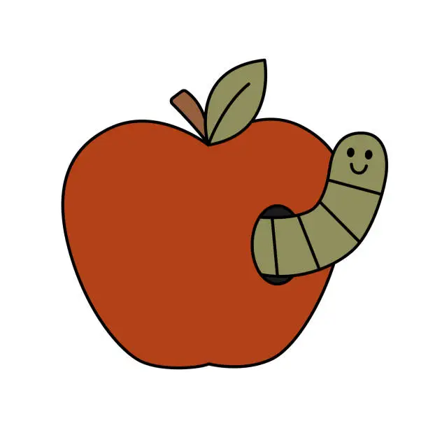 Vector illustration of Retro groovy red apple with worm peeking out of hole. Fruit with caterpillar inside. Cartoon isolated vector illustration