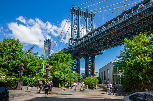 Manhattan Bridge and Entrance to Brooklyn Bridge Park as seen from Washington Street in Dumbo. Blue Morning Sky with Clouds is in Background, New York City, USA. Canon EOS 6D (full frame sensor) DSLR and Canon EF 24-105mm F/4L IS lens.