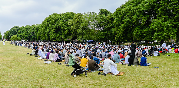 London, UK, 24 June  2023: Eid al-Adha, Eid prayers in the Plashet Park in Newham, London