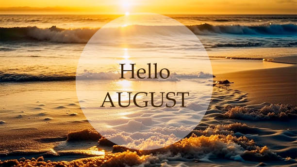 istock Hello August greeting on ocean sunset background.Summer concept. 1558833040