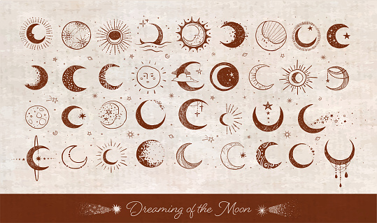 Doodles with the moon on vintage background. Crescent moon collection. Vector sketch illustration