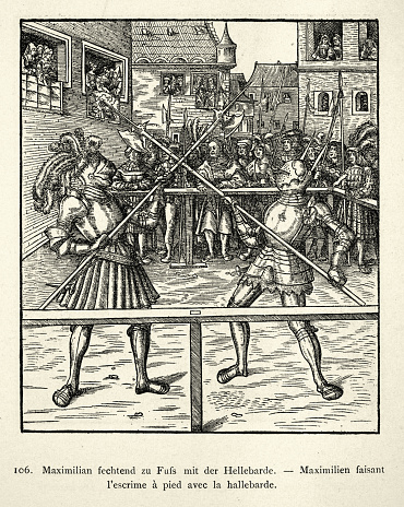 Vintage illustration  German etching, From the Weifskunig, Maximilian I Holy Roman Emperor in armour fighting on foot with the halberd, 15th Century by  Hans Burgkmair.