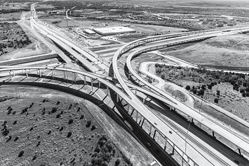 Two freeways merging in the Austin, Texas metropolitan region located about 20 miles north of downtown, shot from an altitude of about 600 feet.