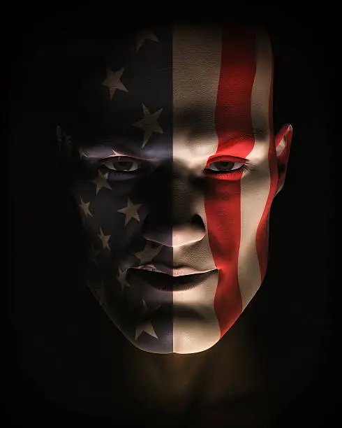 A close-up, digital illustration of man in dynamic light and shadow wearing American flag face paint.