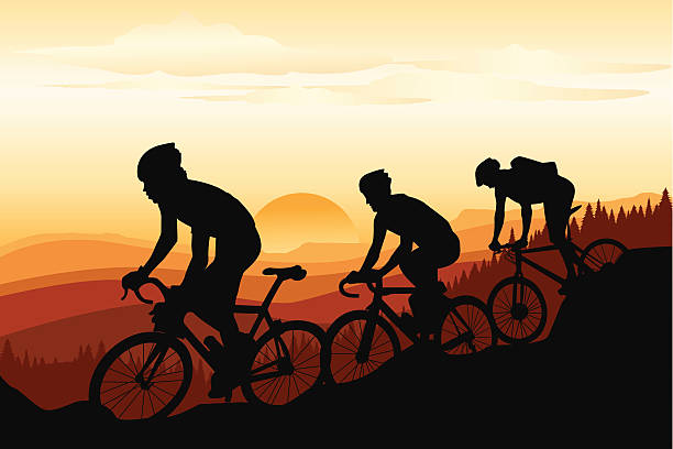 Mountain biking during a sunset A vector illustration of a group of mountain bikers mountain biking stock illustrations