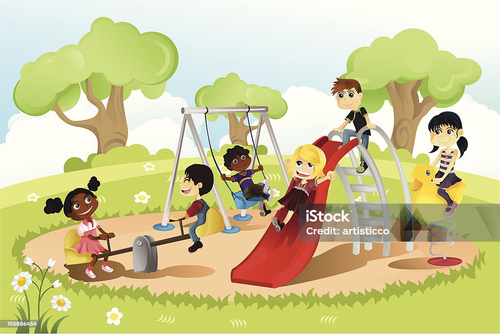 Niños en el patio de juegos - arte vectorial de Parque infantil libre de derechos