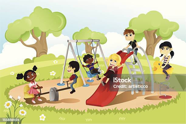 Детей В Игровая Площадка — стоковая векторная графика и другие изображения на тему Детская площадка - Детская площадка, Ребёнок, Школьный двор