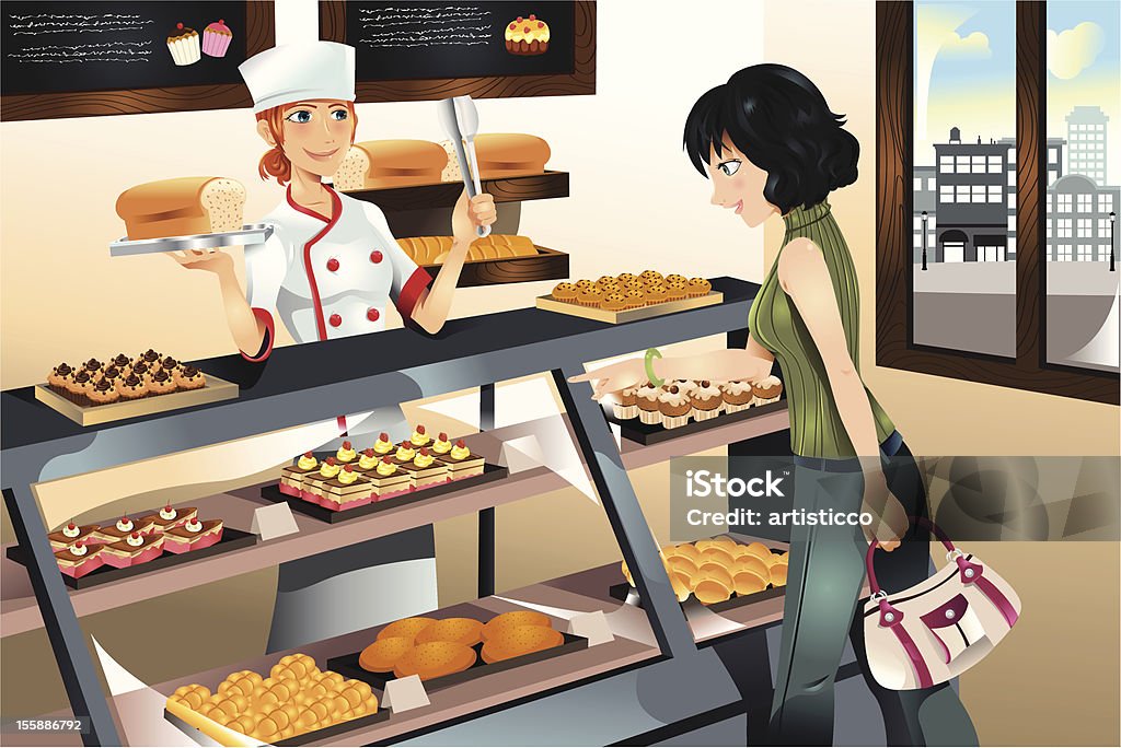 Buying cake at bakery store A vector illustration of a woman buying cake at a bakery store Adult stock vector