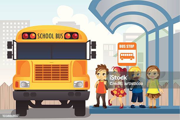 Ilustración de Niños En Parada De Autobús y más Vectores Libres de Derechos de Autobús de colegio - Autobús de colegio, Esperar, Autobús