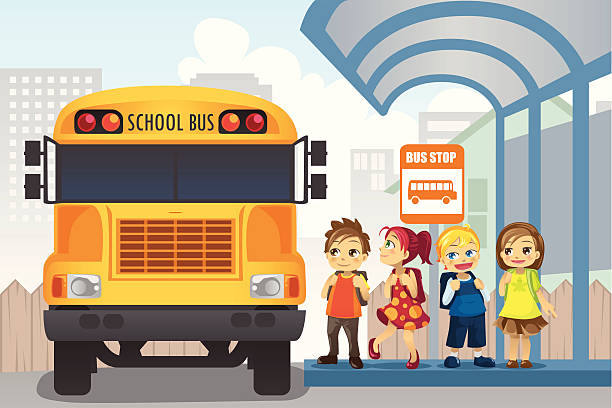 어린이들은 버스 정류장 - bus child waiting education stock illustrations