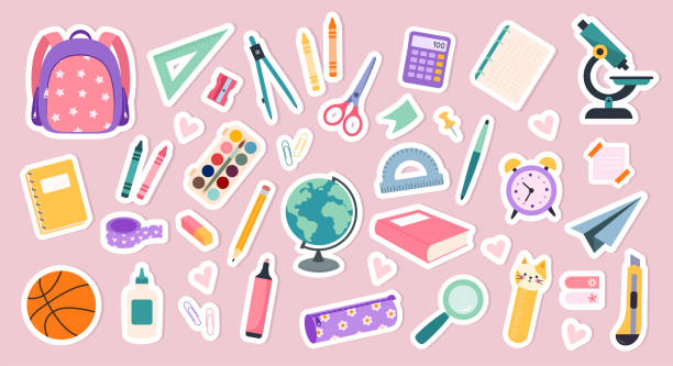 ilustraciones, imágenes clip art, dibujos animados e iconos de stock de conjunto de material escolar de estudio. pegatinas vectoriales de papelería. - material escolar