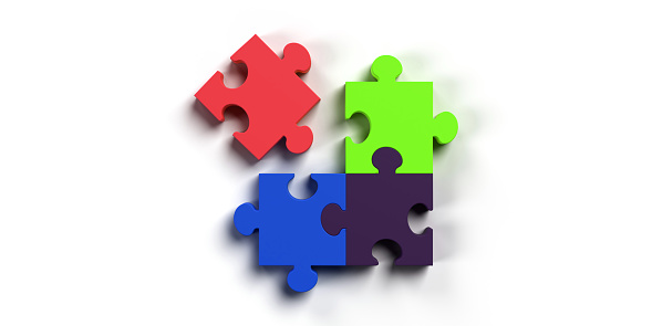 Teamwork Puzzle Concept: Four colorful jigsaw pieces on blank background with copy space and clipping path, dropped shadow. Connecting together missing parts. 3D business success solution design illustration template.
