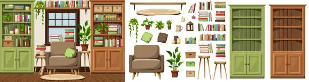 Vector illustration of Classic room interior with bookcases and an armchair. Furniture set. Interior constructor. Cartoon vector illustration