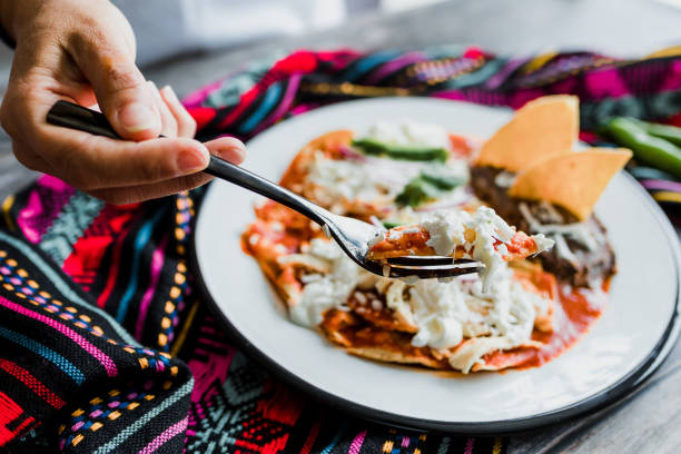 Mexican chilaquiles food with spicy red sauce, chicken and avocado traditional breakfast in Mexico Latin America