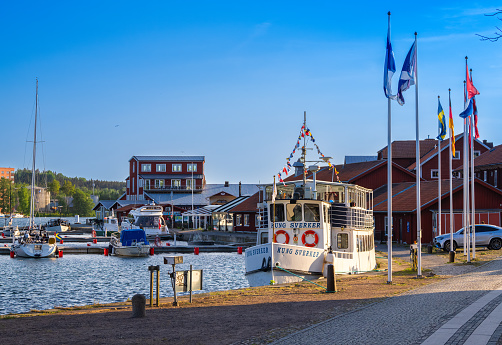 Motala, Sweden - May 26, 2023: Motala is located on the east bank of Vattern lake and at the outlet of the Motala River.