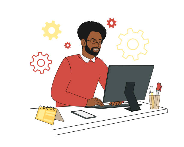 A black man working at a table with a computer in home clothes, with a cactus and a cat. Vector illustration in flat cartoon style A black man working at a table with a computer in home clothes, with a cactus and a cat. Vector illustration in flat cartoon style. working at home study desk silhouette stock illustrations