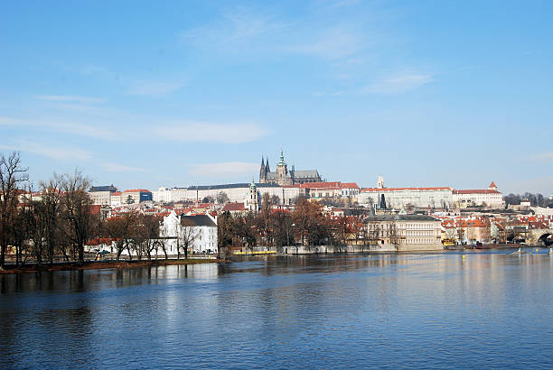 Prague, Vltava river and castle stock photo