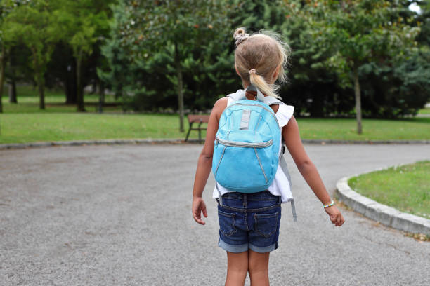 istock Kid girl with blue backpack going to school, lifestyle staging 1558927726