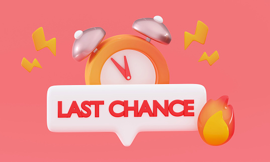 3d Last hour time offer Stopwatch - the time is now Alarm clock and Last minute offer text Deadline timer Longer waiting period Minimal 3D rendering illustration