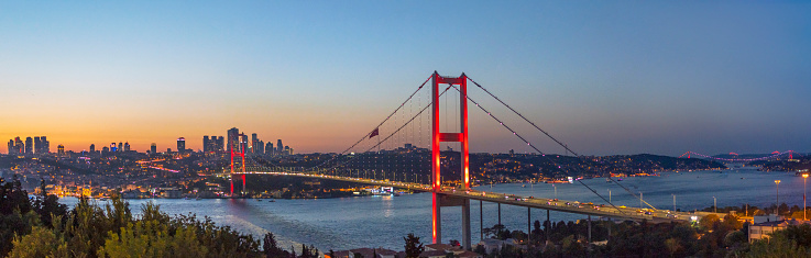 Istanbul, Turkey : July 19, 2023: Istanbul Bosphorus evening, Bosphorus Bridge at sunset time, Istanbul - Turkey