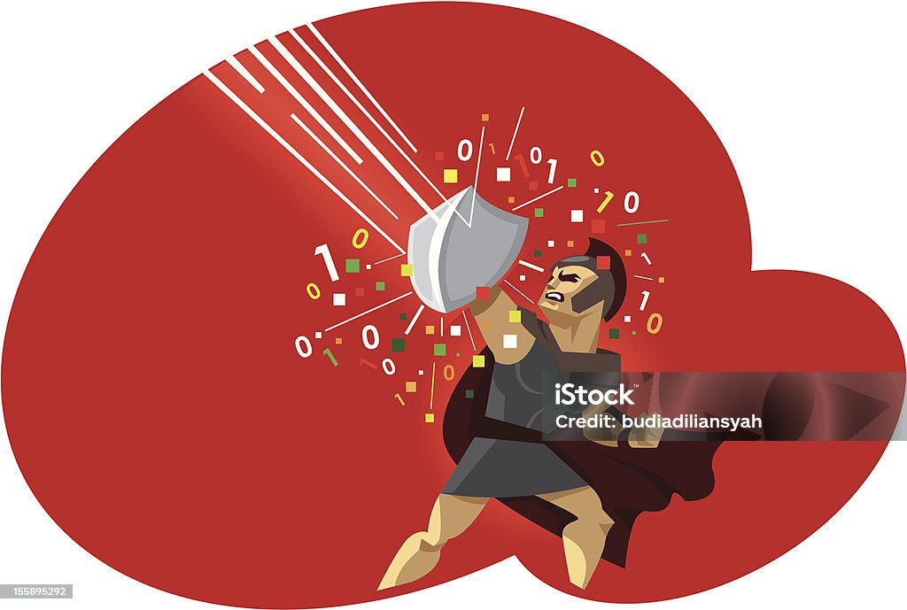 Digital Warrior Fight Against Virus Computer Illustration represent a warrior defend against an attack with his shield. It is fight of anti virus versus computer viruses. The binary code is flying all around. Aggression stock vector