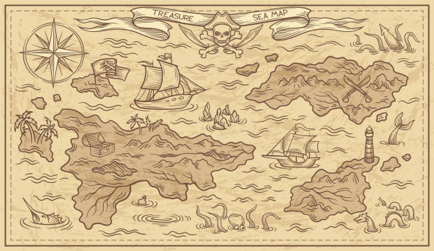 ilustrações de stock, clip art, desenhos animados e ícones de adventure design of old treasure map - antique ship