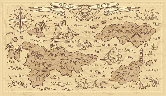 Adventure design of old treasure map. Parchment with Caribbean islands, pirate ships, buried chest of gold, sea monster and compass. Antique scroll with plan and path. Cartoon flat vector illustration