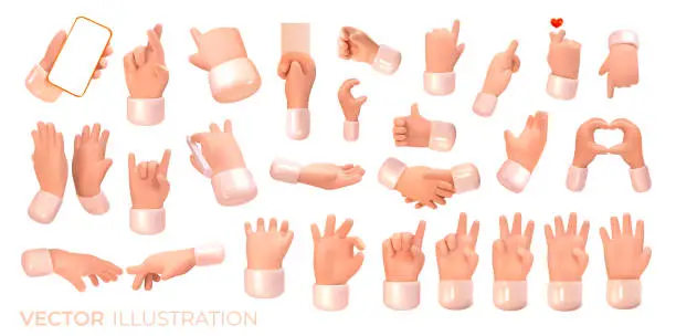 Vector illustration of 3d hands in different positions. From different sides