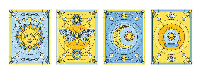 Celestial Poster Set. Magical or mystical covers with sun, crescent moon, butterfly and fortune teller crystal sphere. Tarot cards in folk gypsy style. Cartoon flat vector collection isolated on white