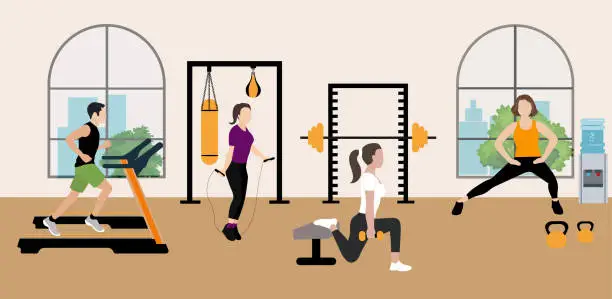 Vector illustration of group of people exercising in the gym