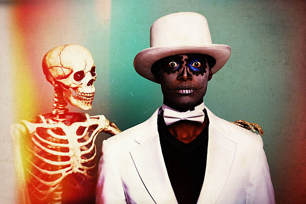 Sugar skull man with his buddy the skeleton