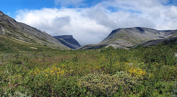 valley por la gama pachvumchorr en khibiny las montañas - khibiny hibiny valley mountain fotografías e imágenes de stock