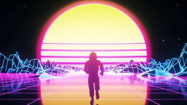 istock Astronaut runs surrounded by flashing neon lights. Retro 80s style synthwave background. 3d illustration 1559000151