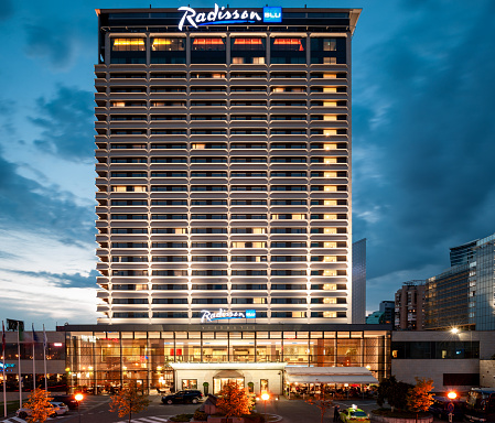 Vilnius, Lithuania - August 10, 2018: Radisson Blu Hotel Building In Vilnius, Lithuania. Exterior of the Building.