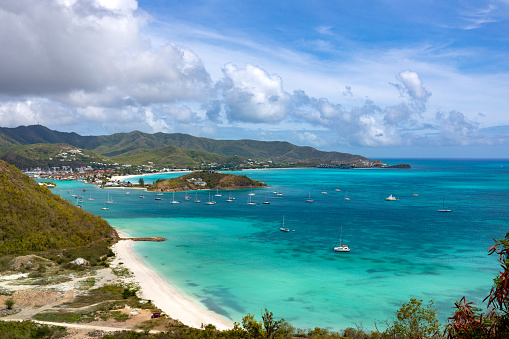 Anse Marcel, Collectivity of Saint Martin / Collectivité de Saint-Martin, French Caribbean: sheltered cove on the northern tip of the island of Saint Martin - sandy beach surrounded by rolling hills, hosting luxury hotels and the Marina Port de Lonvilliers - seen from the mountains, cactus in the foreground.