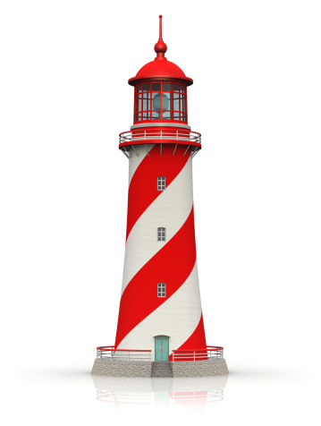 Red lighthouse isolated on white background with reflection effect. See also: