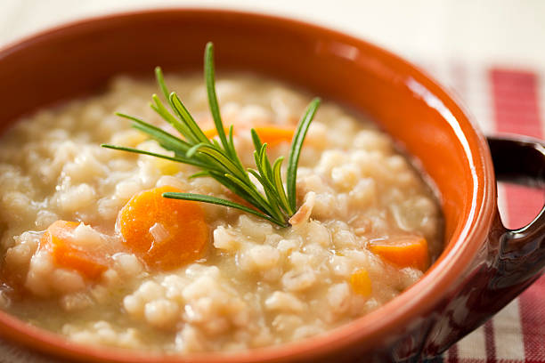 italiana sopa de cebada - vegetable barley soup fotografías e imágenes de stock