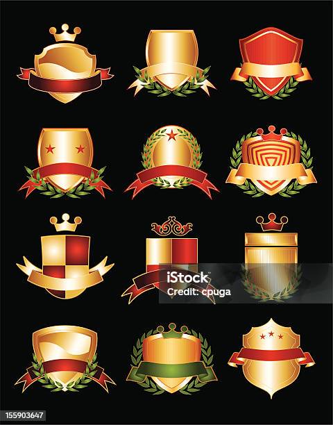 12 골든 Crests 금-금속에 대한 스톡 벡터 아트 및 기타 이미지 - 금-금속, 금색, 방패