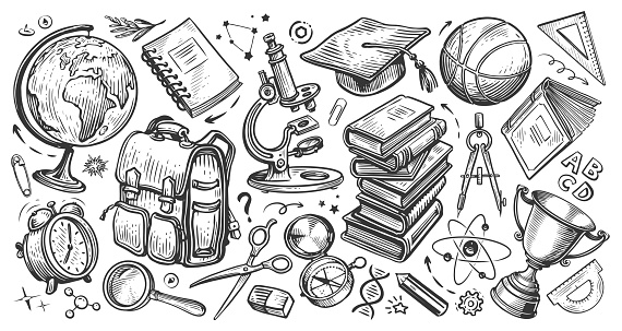 School concept. Collection of education items. Hand drawn sketch doodle vector illustration