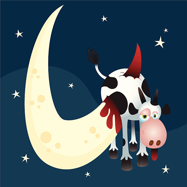 krowa próbuje przeskoczyć na księżycu - cow moon nursery rhyme jumping stock illustrations